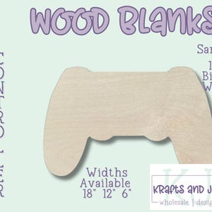 May include: A sanded, 1/4" birch wood game controller wood blank. The text "WOOD BLANKS" is at the top, with "GAME CONTROLLER" written vertically on the left. Available widths are 18", 12", and 6". The logo for "Krafts and Junk" is at the bottom.