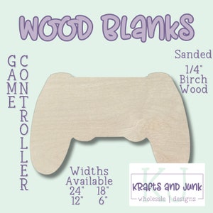May include: A wooden blank in the shape of a video game controller. The blank is sanded and made of 1/4 inch birch wood. The text "WOOD BLANKS" is at the top of the image. The text "CONTROLLER" is on the left side of the image. The text "Widths Available 24" 18" 12" 6" is on the bottom left of the image. The text "Krafts and Junk - wholesale | designs" is on the bottom right of the image.