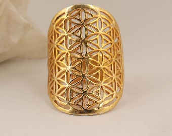 Gold Flower Of Life Ring, Sacred Geometry, Handmade, Statement Jewelry, Unique, Artisan, Spiritual,