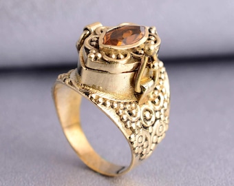 Citrine Gemstone Brass Poison Ring, Handmade Statement Jewelry