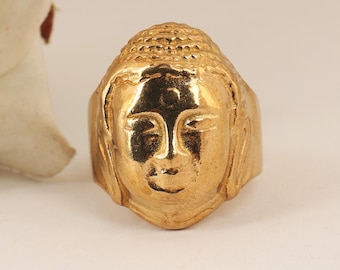 Gold Buddha Face Ring, Handmade Spiritual Zen Jewelry,