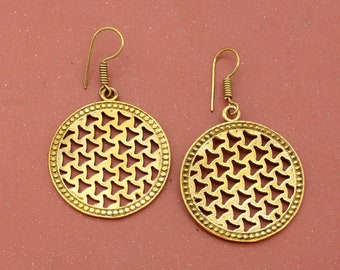 Brass Geometric Dangle Earrings: Boho Gold Jewelry,