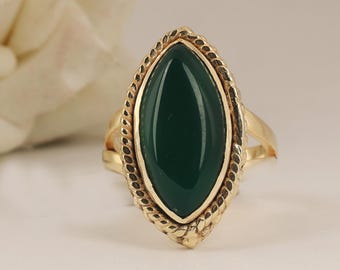 Green Onyx Ring, Marquise, Gold, Vintage Style, Gemstone Jewelry, Handmade, Minimalist, Elegant, Stacking.