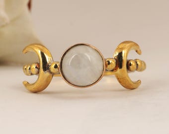 Gold Moonstone Triple Moon Ring: Handmade Boho Spiritual Jewelry,