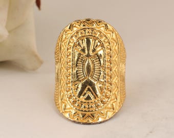 Gold Ethnic Ring: Engraved Tribal Wide Band, Handmade Vintage Style,