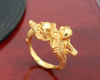 Gold Gothic Twin Skull Ring: Brass Sugar Skull Jewelry,