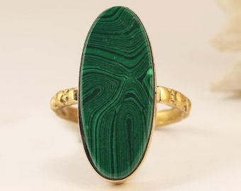 Handmade Gold Malachite Ring, Vintage Style Engraved Band,