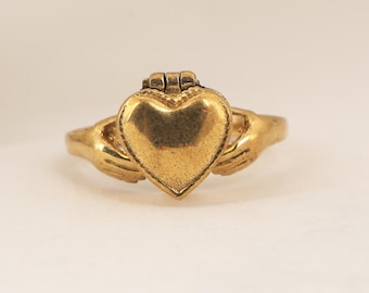 Gold Claddagh Ring, Heart Locket, Vintage Irish Jewelry,