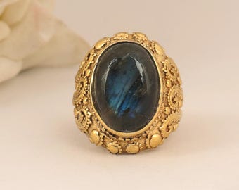 Gold Labradorite Statement Ring, Vintage Artisan Floral Band,