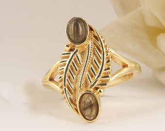 Handmade Gold Leaf Ring, Dual Gemstone Statement Ring