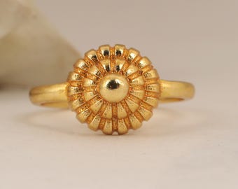 Gold Flower Ring, Dome Centerpiece, Sunburst Design, Smooth Band, Artisan Style, Statement Jewelry