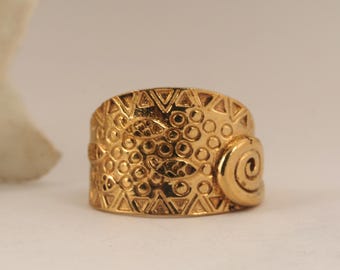 Gold Spiral Ring, Wide Band, Tribal Texture, Geometric Motif, Bold Statement, Artisan Jewelry