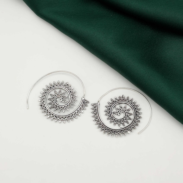 Dainty Spiral Earrings . Tribal Silver Hoops . Lightweight Earrings . Dotted Earrings . Exotic Ethnic Jewelry .Large India Spiral Earrings,