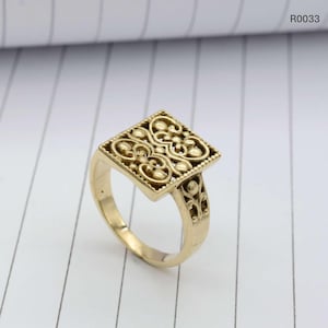 Brass Square Mandala Ring: Artisan Boho Statement Jewelry,