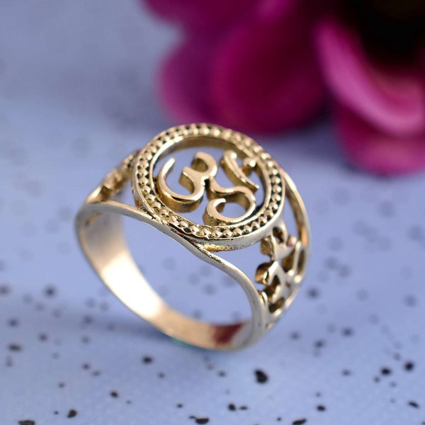 Handmade Ring,14K Solid Gold Om Ring, Brasss Ring, Buddhist Ring, Gold Aum Ring, Meditation Ring,Symbolic Ring,Ohm Ring, Yoga Jewelry,