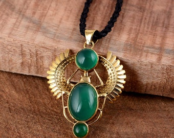 Golden Green Onyx Scarab Necklace, Talisman Scarab Necklace, Egyptian Beetle Jewelry, Third Eye Pendant, Inca/ Revival Inlay, Gifts For Her