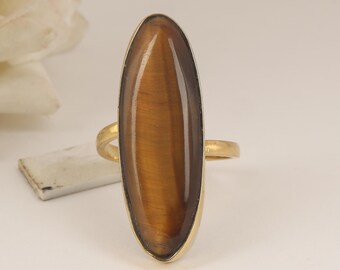 Oval Tiger Eye Gold Ring, Vintage Artisan Jewelry,