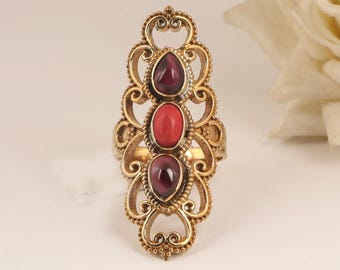 Handmade Gold Filigree Ring: Red Coral & Garnet Boho Jewelry,