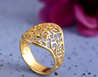 Gold filigraner Ring, handgemachter Ring, Messing filigraner Ring, Vintage Ring für Frauen, Statement Ring, zierlicher Ring, Gold Ringe für Frauen, Boho Ring,