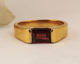 Handmade Gold Garnet Ring, Vintage Emerald Cut Statement Jewelry