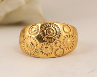 Gold Floral Embossed Wide Band Ring: Handmade Boho Jewelry,