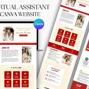 Può includere: Un modello digitale per un sito web di assistente virtuale visualizzato su uno schermo di un portatile e in una vista a scorrimento verticale. Il design presenta uno sfondo color crema con accenti rosso scuro e sezioni per i servizi.