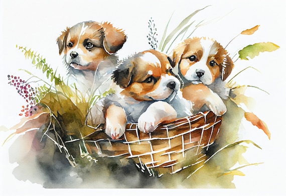 Cute Puppies in a Basket 2 Watercolor Print Etsy