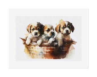 Cute Puppies in a Basket #3 Watercolor Print