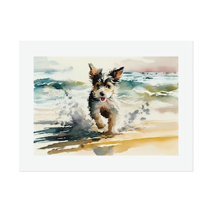 Cute Dog Running on the Beach #3 Watercolor Print
