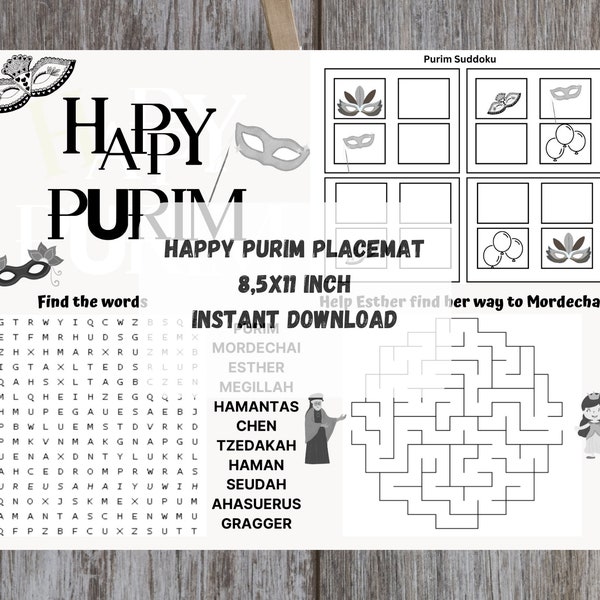 Purim Activity for kids Purim Placemat Purim games  Printable Instant download