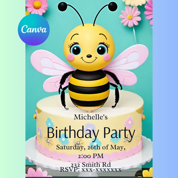 Bee Personalized Birthday Invitation, Canva Editable Birthday Invitation, Cute Birthday customized Printable, Birthday favors