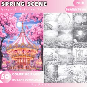 以下が含まれることがあります： 桜の花が咲く春の風景に、回転木馬、観覧車、湖が描かれた、50枚のグレースケール塗り絵のセットです。画像の上部には「SPRING SCENE」と「Grayscale Coloring Pages」のテキストが、下部には「50 COLORING PAGES」と「INSTANT DOWNLOAD」のテキストがあります。