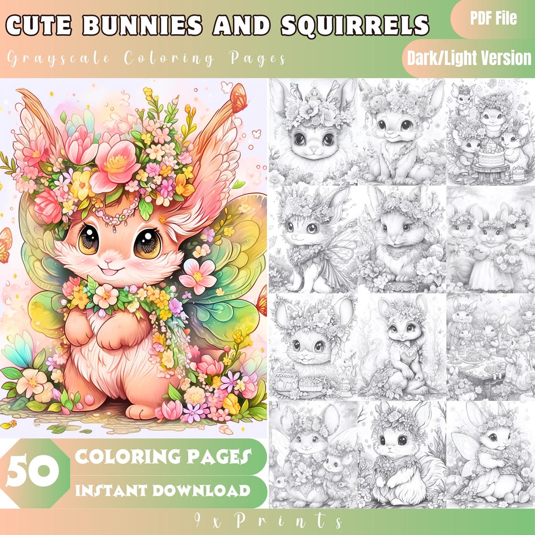 Squirrel Rabbit Coloring Sheets Cute Bunnies and Squirrels Coloring Book, 50 Grayscale Pages (digital ...