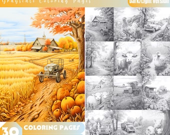 Autumn Farm Grayscale Coloring Pages, Dark/Light (PDF Download)