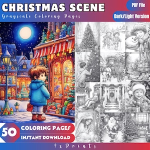 50 Weihnachtsszene Graustufen Malseite für Erwachsene, PDF und Version zum selbst ausdrucken, digitales Malbuch, zum Downloaden