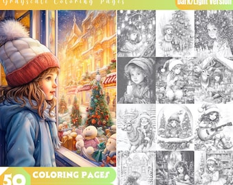 Christmas Darlings Grayscale Coloring Book, 50 Pages (PDF Download)