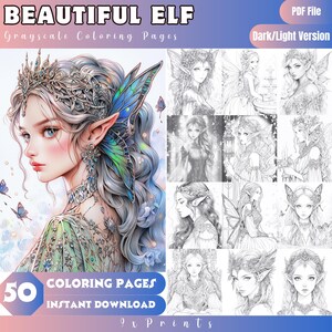 Peut inclure: Un livre de coloriage en niveaux de gris représentant une belle elfe avec des ailes de papillon et une couronne. Le livre comprend 50 pages à colorier et est disponible en téléchargement instantané. Le texte "BEAUTIFUL ELF" et "Grayscale Coloring Pages" est en haut de l'image. Le texte "PDF File" et "Dark/Light Version" est en haut à droite de l'image. Le texte "50 COLORING PAGES" et "INSTANT DOWNLOAD" est en bas à gauche de l'image. Le texte "9x Prints" est en bas à droite de l'image.