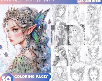 May include: A grayscale coloring book featuring a beautiful elf with butterfly wings and a crown. The book includes 50 coloring pages and is available for instant download. The text "BEAUTIFUL ELF" and "Grayscale Coloring Pages" is at the top of the image. The text "PDF File" and "Dark/Light Version" is at the top right of the image. The text "50 COLORING PAGES" and "INSTANT DOWNLOAD" is at the bottom left of the image. The text "9x Prints" is at the bottom right of the image.