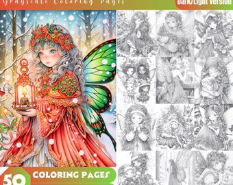 May include: A digital download of "CHRISTMAS FAIRY" grayscale coloring pages. The image displays a colourful illustration of a fairy holding a lantern, alongside a collection of 50 grayscale coloring pages. The text reads "INSTANT DOWNLOAD" and "9 x Prints."