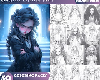 May include: A set of 50 grayscale coloring pages featuring gothic little girls. The pages are for instant download and are suitable for 9x prints. The cover image shows a girl with dark hair and a black dress, standing on a set of stairs.