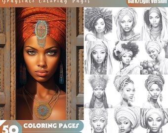 May include: A set of 50 grayscale coloring pages featuring African women with intricate hairstyles and traditional headwear. The pages are designed for instant download and are perfect for adults and children who enjoy coloring.