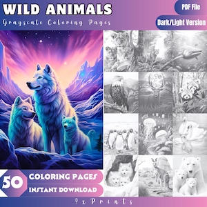 50 Wild Animals grayscale coloring page for adults, PDF File and Dark/Light version, printable, instant download, digital coloring book