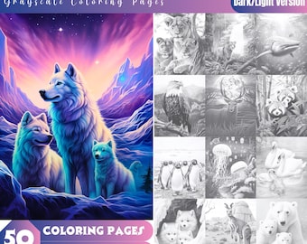 Wild Animals Grayscale Coloring Pages, Dark/Light Version (PDF File)