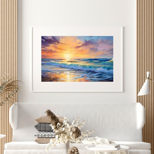 Ocean sunset: Golden shine, seascape, abstract painting, wall decoration, contemporary art