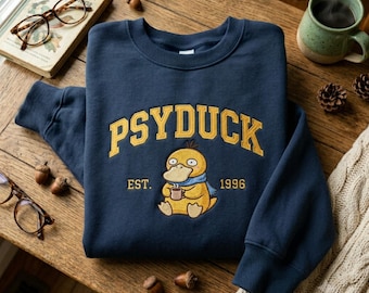 Personalized Psyduck Embroidered Sweatshirt, Funny Duck Pokemon Shirt, Anime Gift for Her Him, 90s Cartoon Crewneck, Pocket Beast
