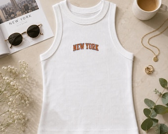 Embroidered New York Tank Top, White Ribbed Sleeveless Shirt, NYC Crop Tank, Cute Summer Top, Minimal Travel Gift for Her