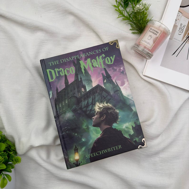 Puede incluir: Un libro de tapa dura titulado "The Disappearances of Draco Malfoy" con una ilustraci&oacute;n de fantas&iacute;a de un castillo y un joven. El libro tiene protectores de esquina dorados y la palabra "SPEECHWRITER" en la parte inferior. Una vela y una revista est&aacute;n en el fondo.
