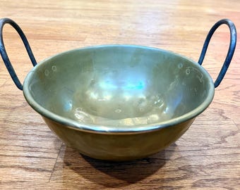 アンティーク ハンマー仕上げ 真鍮製大釜 ケトル ポット ハンドル2個 丸底 直径10.75インチ