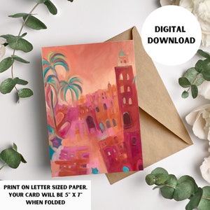 Carte de voeux d'art imprimable de 5 x 7 pouces, marchés de Marrakech, Maroc, téléchargement numérique instantané, anniversaire, occasion spéciale, carte vierge.