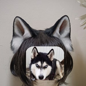 Handmade Husky Dog Puppy Ears Headband Black White Furry Animal Dog Ears Faux Fur Fursuit Cosplay Halloween Party Costume